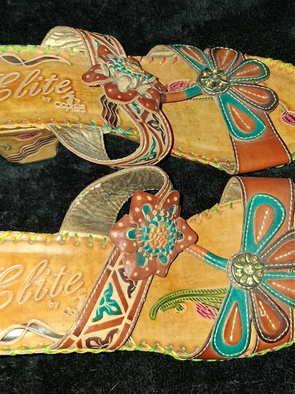Elite Floral Leather Slide Sandals - Brown & Teal